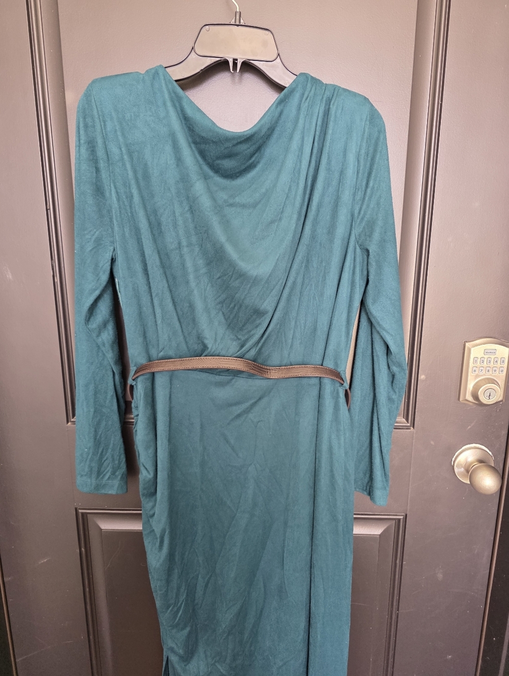 Donna Karan New York Teal Draped Dress Sz 16 Long Sleeve Belted Midi Sheath NWT - Picture 13 of 13